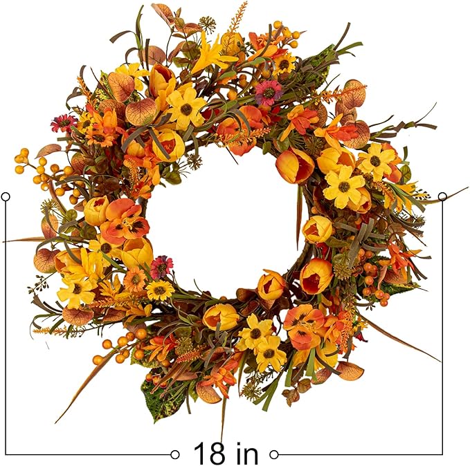 18 Inches Fall Wreaths for Front Door Rustic Autumn Wreath Farmhouse Fall Floral Wreaths with Tulips Phalaenopsis Orange Wildflowers for Wall Window Porch Indoor Outside Decor