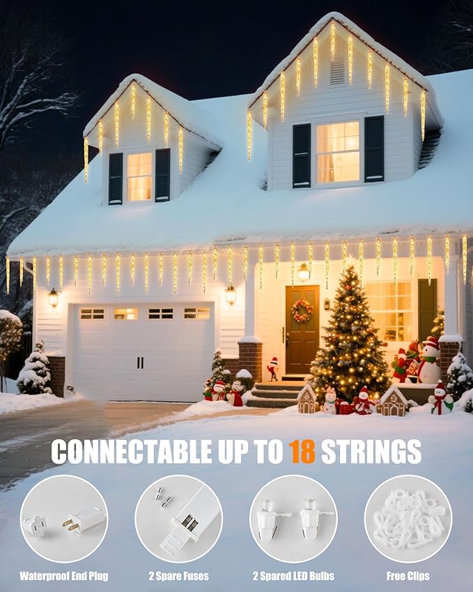 Minetom Icicle Lights Outdoor with Clips, 20ft 100 LED 20 Tubes Twinkling Crystal String Lights, Connectable Waterproof Hanging Icicle Christmas Lights Plug in for Eave Outdoor, Warm White