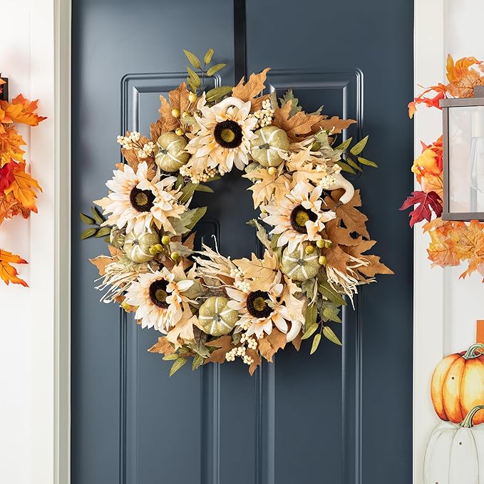Glitzhome 24''D Artificial Fall Wreath for Front Door, Autumn Wreath with Sunflower, Pumpkin and Leaf, Metal Hanger for Farmhouse Indoor Outdoor Window Wall Door Decor