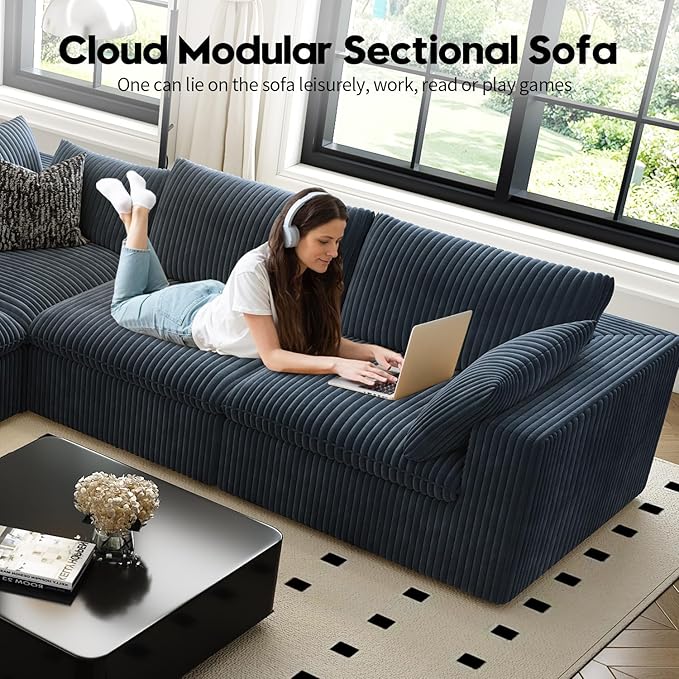 118" Cloud Couch Modular Sectional Sofa for Living Room,Modern Sofa with Deep Seat,L-Shape Boneless Couch with Ottoman,Comfy Upholstered Corduroy Couches for Apartment, Studio, Office,Bedroom,Blue