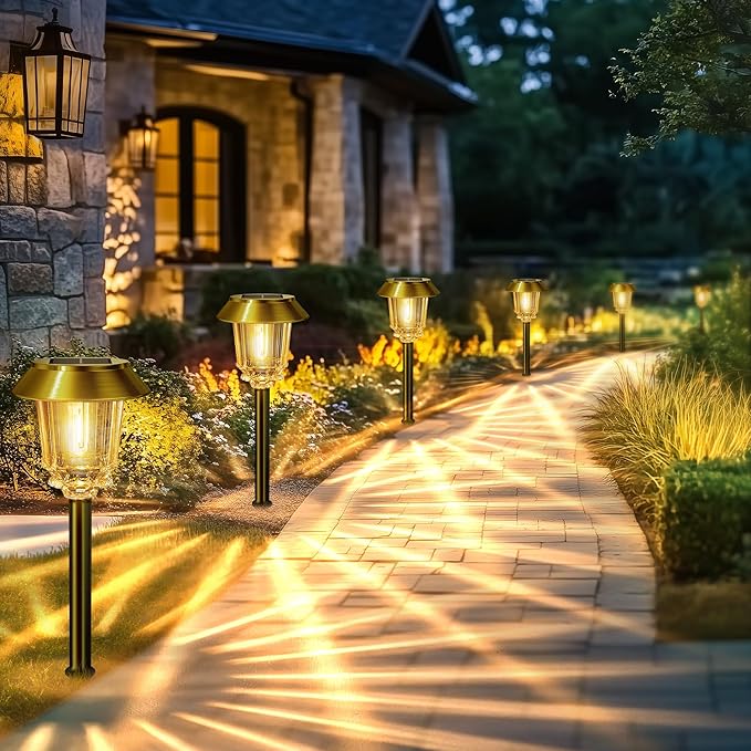 Solar Lights Outdoor Waterproof,6 Pack Gold Solar Pathway Lights with 10-40 LM Dimmable Glass and Metal, Solar Powered Garden Fall Decor for Yard,Patio,Pathway,Driveway(Warm White)