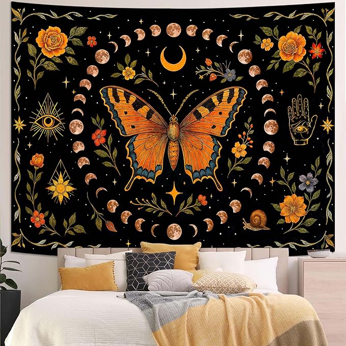 Lunerfex Moon Phase Butterfly Floral Wall Tapestry, Celestial Botanical Tapestries for Room Decor, Mystical Tapestry 90x70 Inch