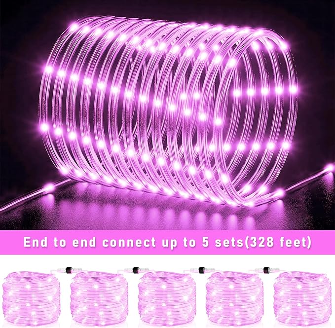 Rope Lights Outdoor, 66FT 200 LED Rope Lights for Outside Waterproof with 8 Modes, Flexible and Connectable Clear Tube Light for Indoor, Garden, Backyard, Patio, Pool, Tree Holiday Decorations - Pink