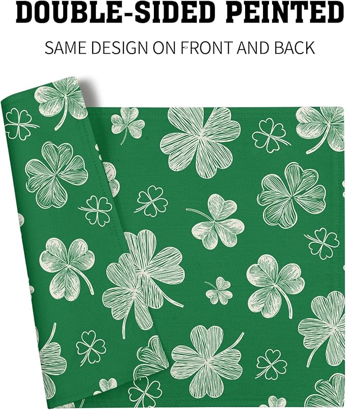 St. Patrick's Day Placemats Set of 4 Spring Holiday Green Shamrock Washable Non-Slip Heat Resistant Place Mats 12x18 Inch Rustic Linen Table Mats for Kitchen Dining Party Decor
