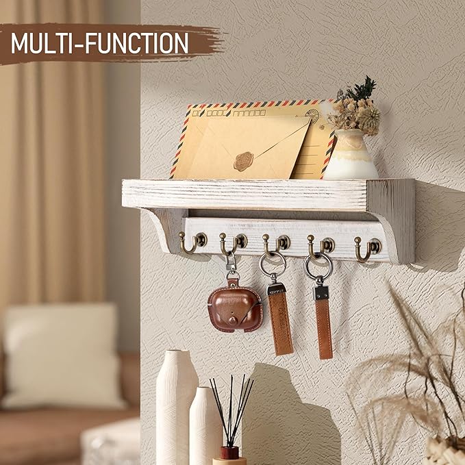 Rebee Vision Pine Wood Key Holder Wall Mount with Shelf for Farmhouse Decor - Rustic Wall Mail Organizer Wall Mounted for Living Room Decor - Perfect Mail Organizer for Home Improvement (Whitewash)