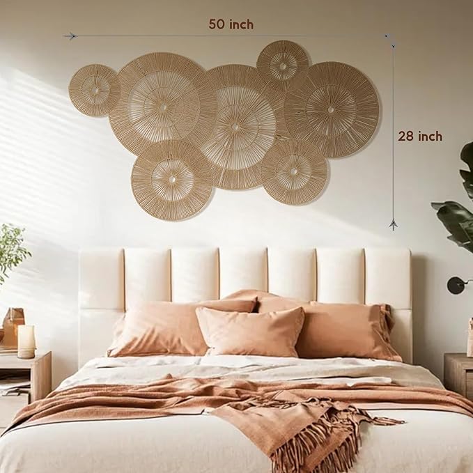 Mokof 7 Pack Boho Wall Decor Round Baskets Set (Small 7" to Largest 17") - Handwoven Large Wall Hanging Art for Bedroom, Living Room, Home Office