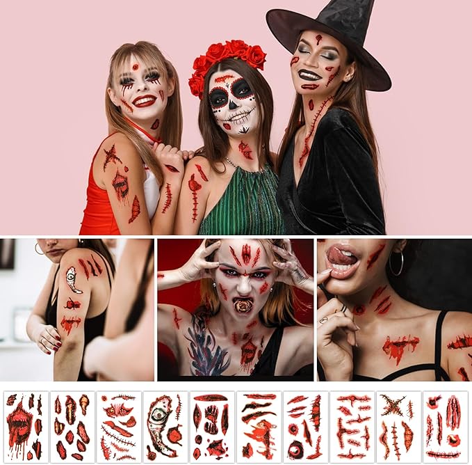 Halloween Decorations 165 PCS, 8 Sheets Bloody Handprint Footprint Halloween Wall Decal Floor Window Stickers,10 Sheets Wound Tattoo Stickers, Scary Party Decorations Window Stickers