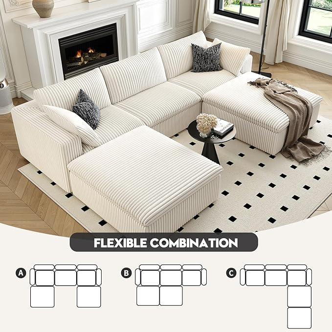 118" Cloud Couch Modular Sectional Sofa for Living Room,Modern Sofa with Deep Seat,U-Shape Boneless Couch with 2 Ottoman,Comfy Upholstered Corduroy Couches for Apartment, Studio, Office,Bedroom,White
