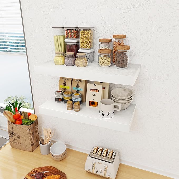 12 Inch Deep White Floating Shelves, 24 x 12 Floating Shelf for Books, Rustic Wood Deep Wall Shelves for Home Storage & Display, 2" Thicked Shelves for Kitchen, Living Room, Bedroom, 2 Pack