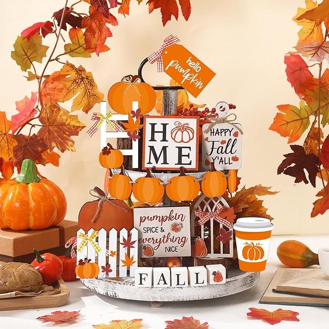 21 Fall Tiered Tray Decor with Two Tiered Tray Fall Table Decor Maple Leaf Pumpkin Signs Thanksgiving Fall Decor Autumn Harvest Decorative Trays Wooden Tabletop Signs for Home Kitchen