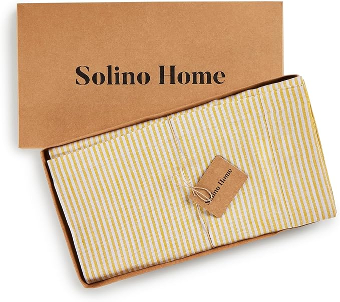 Solino Home Linen Tablecloth 60 x 144 Inch - Narrow Stripe 100% Pure Linen Spicy Mustard and White Table Cloth for Rectangle Tables - Machine Washable Tablecloth