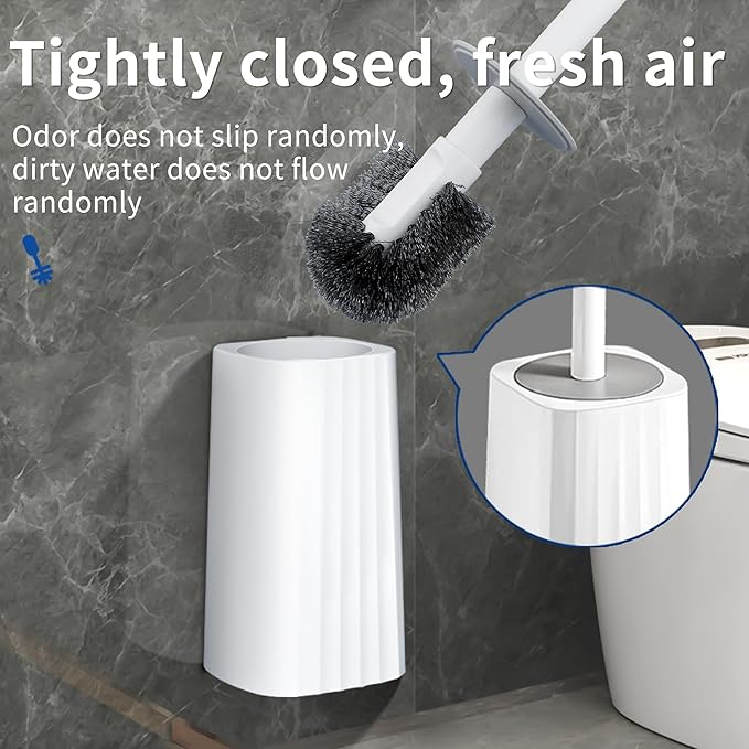 Toilet Brush & Holder Set, Lightweight Plastic Handle, Space Saving for Storage, Deep Cleaning, Drip-Proof, Easy to Assemble, Nylon Bristles, White & Grey