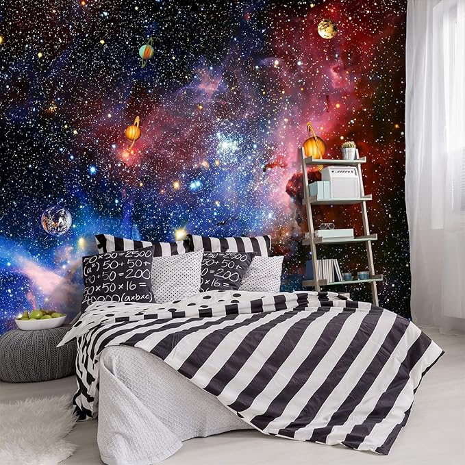 '-Galaxy Universe Planet Ceiling Fabric Wallpaper Boys Girls Nursery Starry Sky Children Bedroom Bathroom Large Mural- 91"x65"( not Peel and Stick)