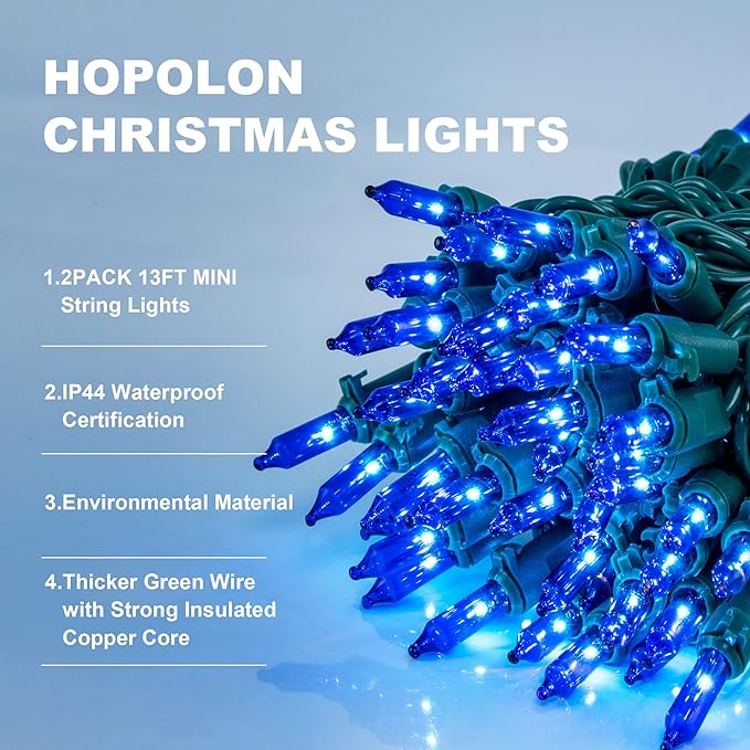 Hopolon Blue Christmas String Lights, 2PACK 50-Count Incandescent Mini Fairy Lights Set, UL Certified Green Wire Lights for Indoor Outdoor Halloween Holiday Home Xmas Tree Patio Décor (2pcs Blue)