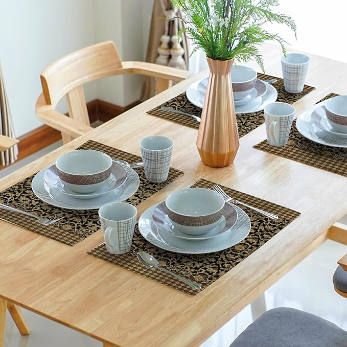 Brown Antique Placemats Set of 4 Vintage Floral Block Print Washable Non-Slip Heat Resistant Place Mats 12x18 Inch Retro Turkish Linen Table Mats for Kitchen Dining Party Decor