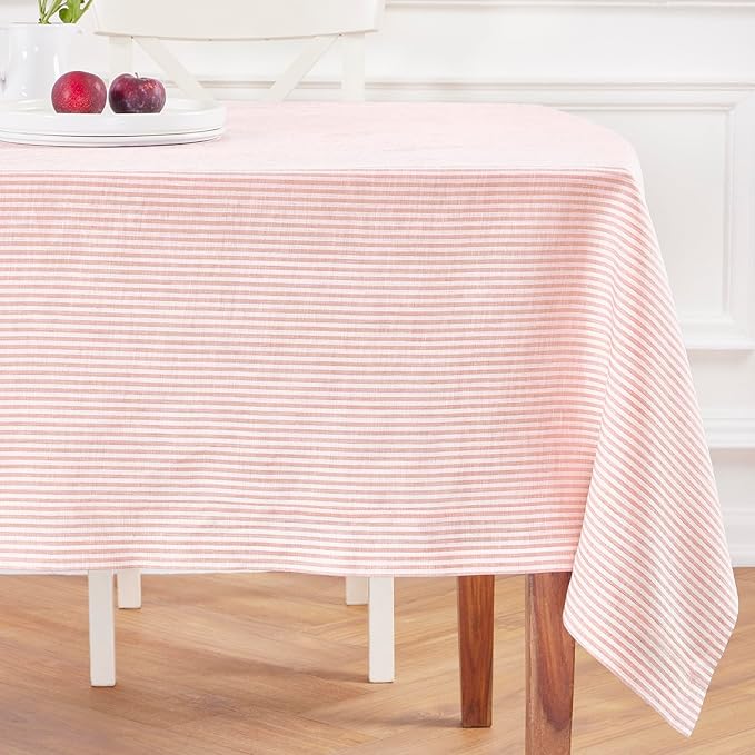 Solino Home Linen Striped Tablecloth 60 x 120 Inch - 100% Pure Linen Peach and White Table Cloth for Rectangle Tables - Narrow Stripe, Machine Washable Tablecloth