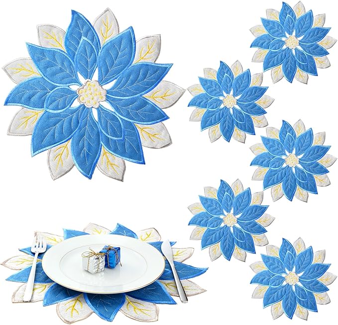 Tudomro 6 Pcs Holiday Embroidered Double Layer Placemats - Blue Glitter Applique Poinsettia Christmas Flower Placemats for Dining Table Decoration