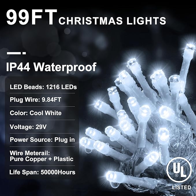 KNONEW 99FT 1216 LED Christmas Lights Outdoor Decorations 8 Modes White Curtain String Light with 228 Drops, Clear Wire LED String Light Indoor Decor for Wedding Party Holiday Christmas