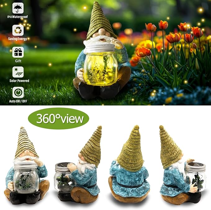 Solar Firefly Jar Gnome Waterproof- Large Garden Gnome Funny Solar Outdoor LED Lights Resin Statues 10.6" Lantern Figurines Decorations Birthday Gifts for Mom Women - Unique Housewarming Gifts