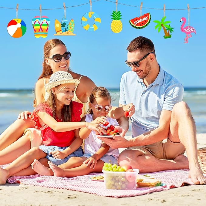 36PCS Wooden Summer Ornaments to Paint, 12 Styles DIY Blank Unfinished Wood Beach Cutouts Ornament for Crafts Hanging Decorations, Watermelon Surfboard Slippers Coconut Tree Home Decorations Gifts
