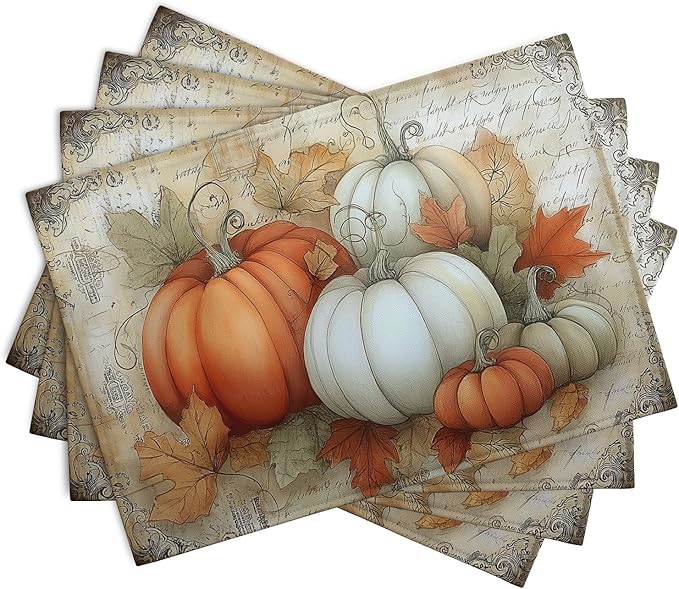 Fall Pumpkin Placemats Set of 4 Vintage Autumn Maple Leaf Seasonal Place Mats 12x18 Inch Thanksgiving Farmhouse Linen Fabric Table Mats for Party Kitchen Dining Outdoor Indoor Decor