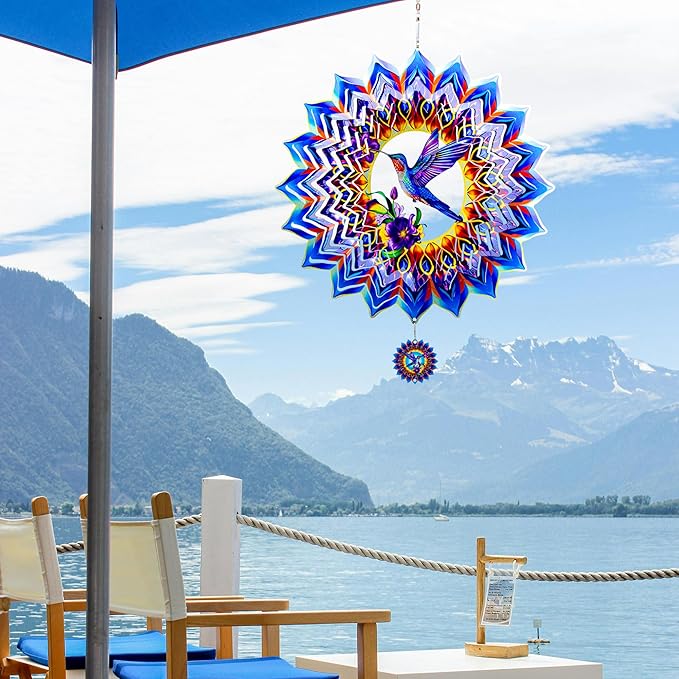 Hummingbird Wind Spinner,Hanging Wind Spinners Outdoor for Garden Decoration,12 inch 3D Stainless Steel Wind Sculpture for Indoor/Outdoor Decor