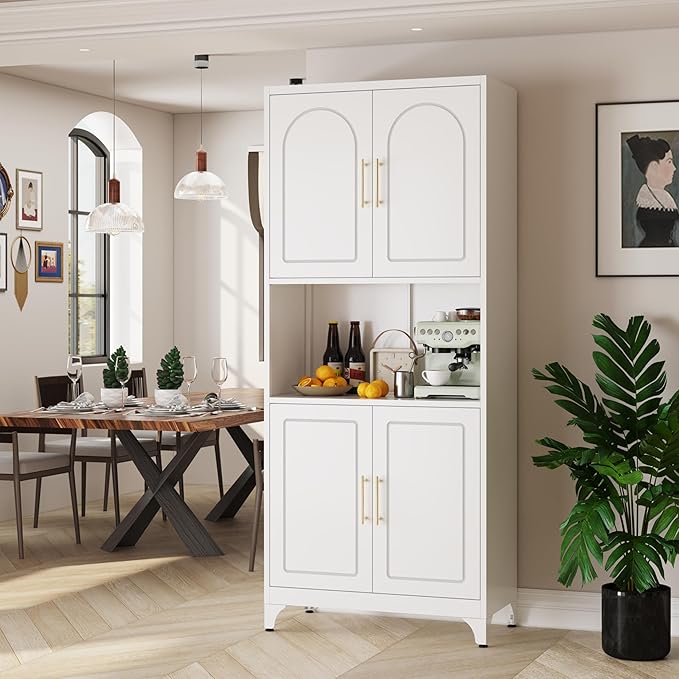 75" Tall Kitchen Pantry Storage Cabinet, Metal Storage Cabinets with 4 Doors and Adjustable Shelves,White Kitchen Hutch Cabinet with Microwave Stand, Large Cupboard for Dining Living Room