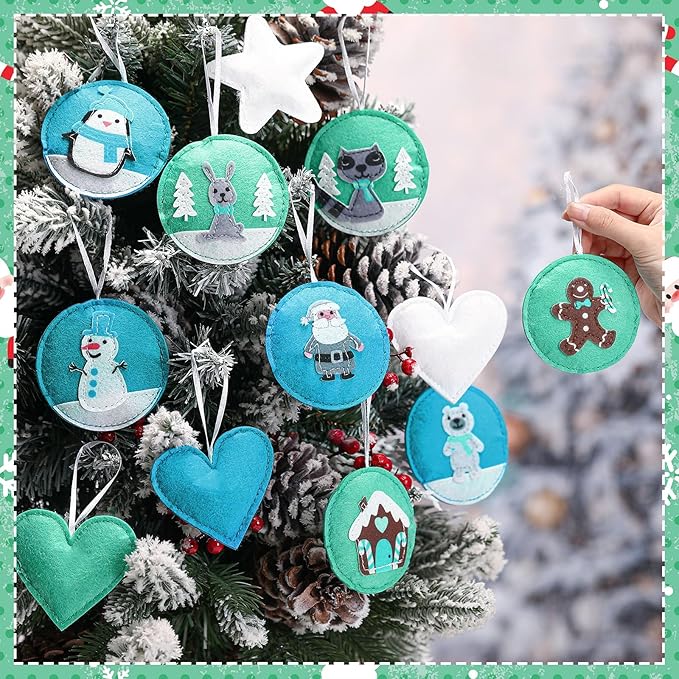 12 Pcs Christmas Felt Ornaments for Tree Santa Claus Snowman Gingerbread 3D White Mint Turquoise Color for Hanging Decoration Felt Craft for Christmas Party Favors Gifts