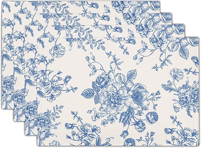 Blue Floral Placemats Set of 4 Vintage Flower Blue and Cream Washable Non-Slip Heat Resistant Place Mats 12x18 Inch Spring Summer Linen Table Mats for Kitchen Dining Party Decor
