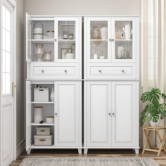 76'' Kitchen Pantry Storage Cabinet, Freestanding Kitchen Cupboard with Large Drawer, Doors, and Adjustable Shelves, Bathroom Storage Cabinet for Dining Room, Living Room, Laundry, White