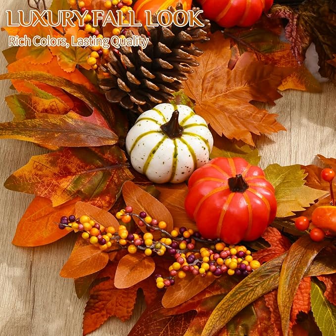 Fall Decor - Fall Wreaths for Front Door Outside, 2 Pack 20 Inch Fall Door Wreath, Handcrafted Autumn Wreath with Colorful Pumpkins Maple Leaves, Fall Decorations for Home Door Wall Thanksgiving Decor