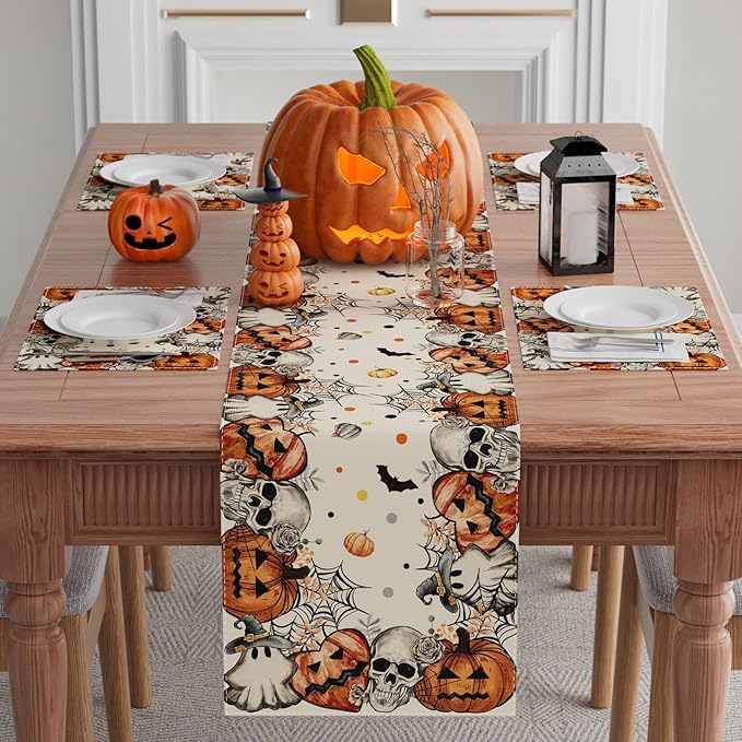 XCHI Spooky Skeleton Ghost Pumpkin Halloween Table Runner Party Table Decoration for Home Kitchen Dining Holiday Decor 13x72 Inch