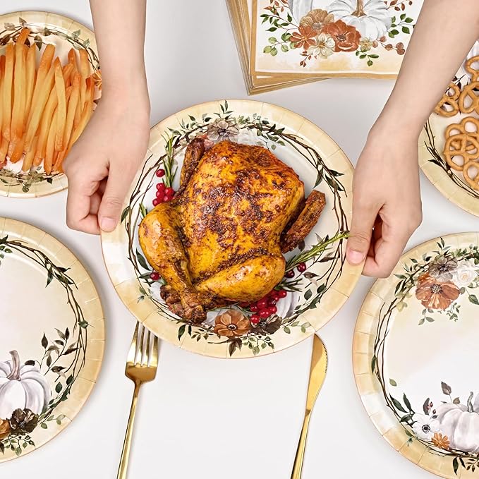 Homlouue 200 PCS Fall Plates and Napkins, Thanksgiving Plates and Napkins Sets, Watercolor Pumpkins Plate and Napkin for Fall Dinner, Thanksgiving Paper Plate for fall Autumn Harvest Party Supplies