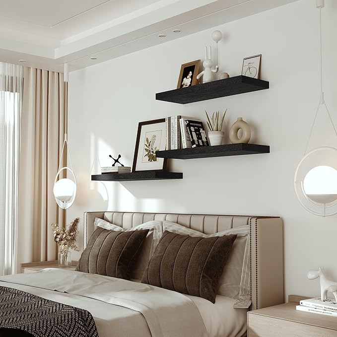 Black Floating Shelves for Wall Mounted, 24 inchs x 9.1” Deep x 1.5” Thick Wall Shelves for Bedroom, Living Room, Bathroom,Kitchen, Office, Home Decor Shelf with Invisible Bracket - Set of 2