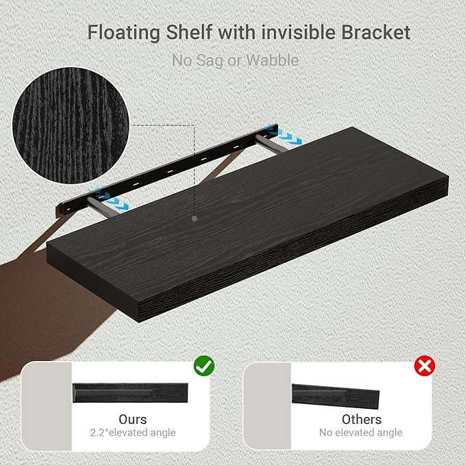 Black Floating Shelves for Wall Mounted, 24 inchs x 9.1” Deep x 1.5” Thick Wall Shelves for Bedroom, Living Room, Bathroom,Kitchen, Office, Home Decor Shelf with Invisible Bracket - Set of 2