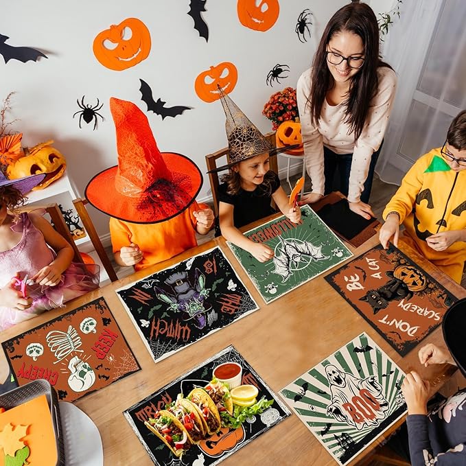 Halloween Placemats Set of 6 Vintage Plastic Table Mats Black Cat Place Mats Washable Ghost Witch Bat Rectangle Skull Table Decoration for Indoor Outdoor Party Kitchen Dining
