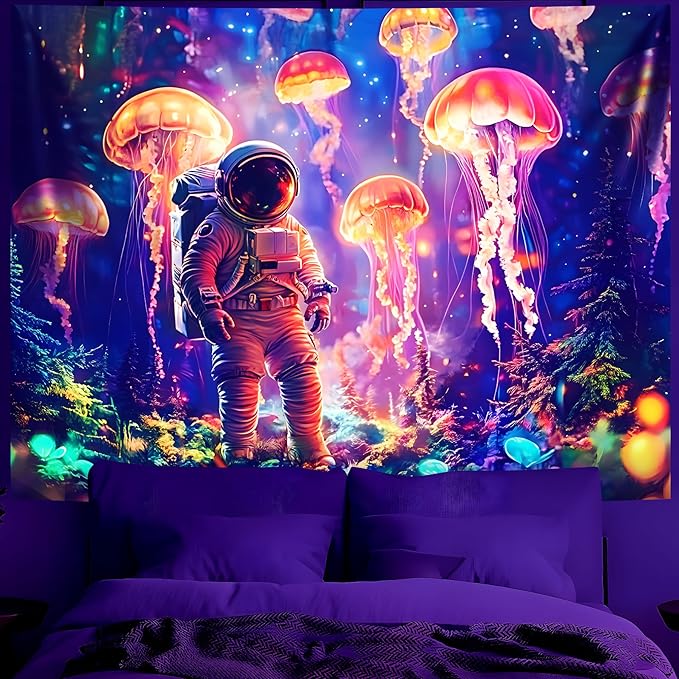 BVBOX Astronaut Blacklight Tapestry 79"x59", UV Reactive Astronaut Jellyfish Underwater World Glow in Dark Tapestries, Black Light Neon Upright Poster Wall Hanging Backdrop Decor for Bedroom Living Room