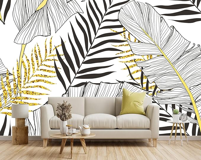 '-Black and Gold Tropical Botanical Banana Leaf Fabric Wallpaper Living Room Bedroom Bathroom Abstract Plant Large Wall Mural- 160"x108"( not Peel and Stick)