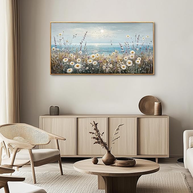 PHAOHUAXM Wall Decor For Living Room Wall Art For Bedroom Office Decorations Blue Ocean Paintings Flowers Watercolour Wall Pictures Canvas Artworks Home Decor Ready To Hang Wood Framed 20x40 In