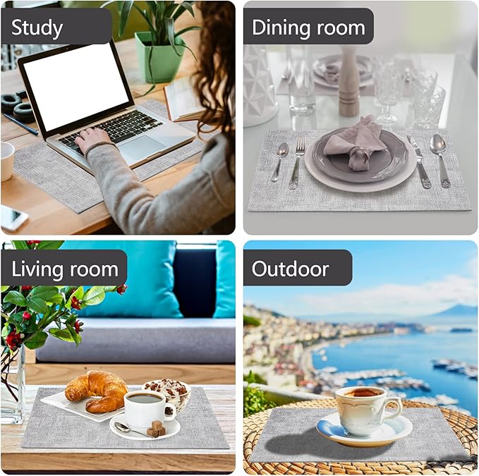 Faux Leather Placemats Set of 6,Heat Resistant Placemats for Dining Table, Easy Clean Non-Slip Place Mats, Waterproof Stain Resistant Wipeable Washable PU Table Mats, (Light Grey)