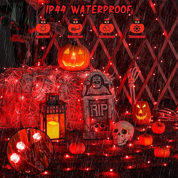 JMEXSUSS 2 Pack Red Solar Lights Outdoor Waterproof, Total 400 LED 151FT Red Halloween Lights, 8 Modes Solar Christmas String Light for Outside Yard Patio Garden Tree Decorations