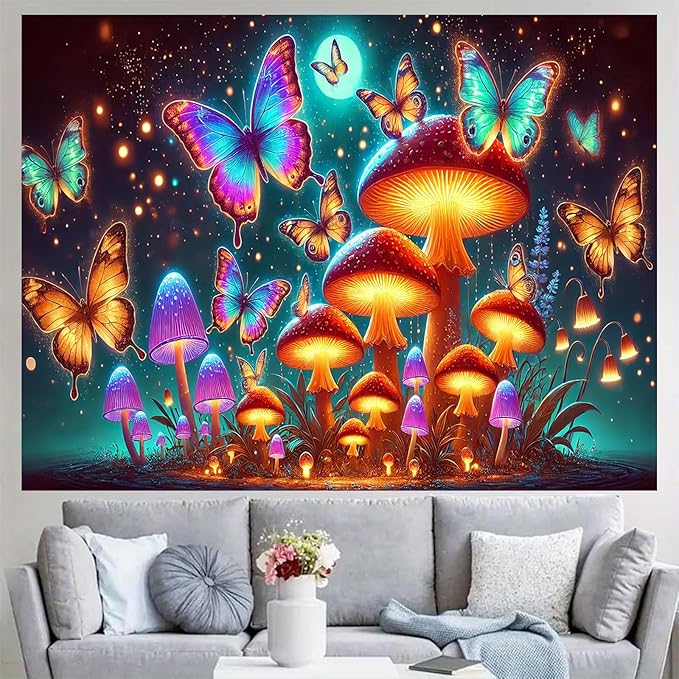 BlissYard Glowing Butterflies Mushroom Forest UV Black Light Tapestry 78x59 Inches Art Color Neon Light Background Bedroom Living Room Wall Party Decoration Fantasy Fungi Insect Magic Garden Scene