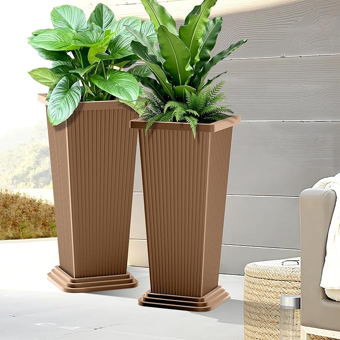 FENCY Set of 2 Tall Planters for Outdoor Plants, 24 Inch Large Tapered Pots with Drainage Trays, Weather-Resistant Plastic Plant Containers for Patio, Porch, Garden, Front Door Decor,Brown, Striped
