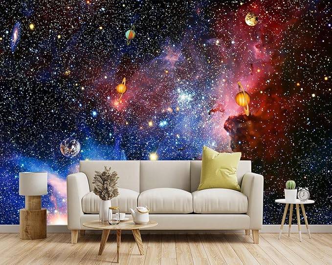'-Galaxy Universe Planet Ceiling Fabric Wallpaper Boys Girls Nursery Starry Sky Children Bedroom Bathroom Large Mural- 91"x65"( not Peel and Stick)