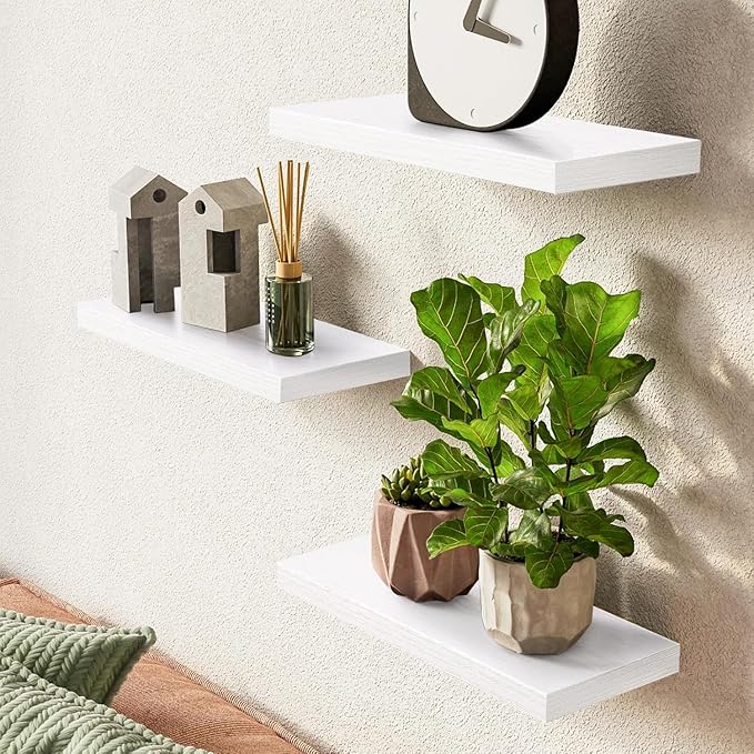 BAYKA Floating Shelves for Wall โ Rustic Wood Wall Shelves with Metal Brackets for Bathroom, Bedroom, Kitchen, or Living Room Decor โ White, Set of 3, Sturdy Storage with 22lb Capacity