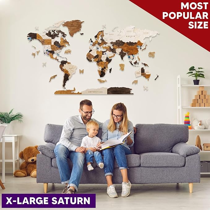 HYPERI Multilayered 3D Wooden World Map Wall Decor, Wood Art Wall Decor, Mapa Mundi Para Pared, World Maps and Push Pins, Valentine's Day Gifts For Dad, Mom, Boss, Husband, Wife (Medium)
