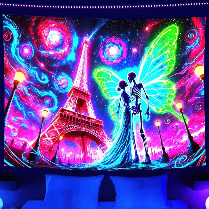 BlissYard Blacklight Skull Tapestry UV Reactive Tapestry 78x59 Inch Black Light Butterfly Galaxy Planet Glowing Large Neon Wall Hanging for Living Room Bedroom Decor Teens