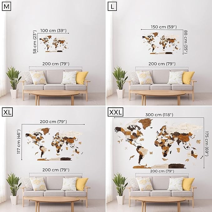 HYPERI Multilayered 3D Wooden World Map Wall Decor, Wood Art Wall Decor, Mapa Mundi Para Pared, World Maps and Push Pins, Valentine's Day Gifts For Dad, Mom, Boss, Husband, Wife (Medium)