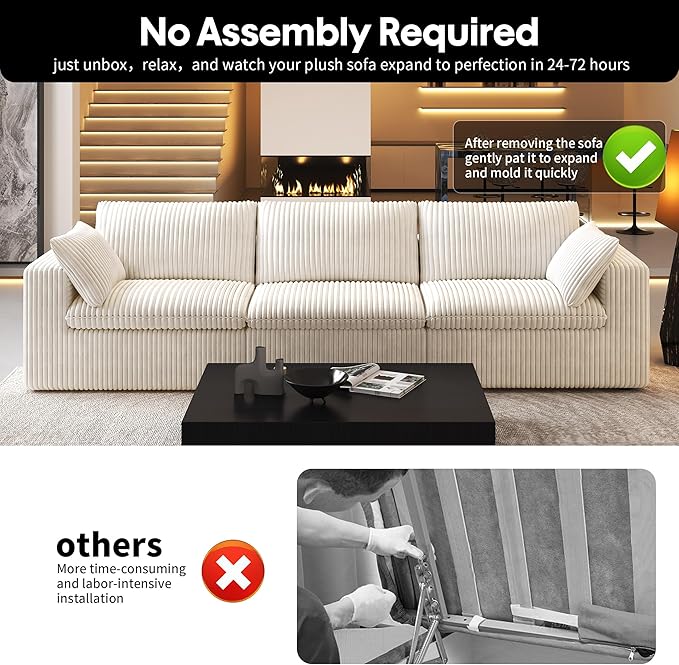118" 3-Seater Cloud Sofa,Modular Sectional Couch,Modern Deep Seat Upholstered Couches with Plush Corduroy Fabric for Living Room Furniture,Bedroom and Apartment,No Assembly Required,White