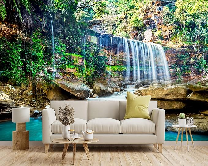 '-Green Lake Waterfall Scenery Fabric Wallpaper Living Room Woodland Forest Mountain Bedroom Bathroom Wall Mural- 91"x65"( not Peel and Stick)